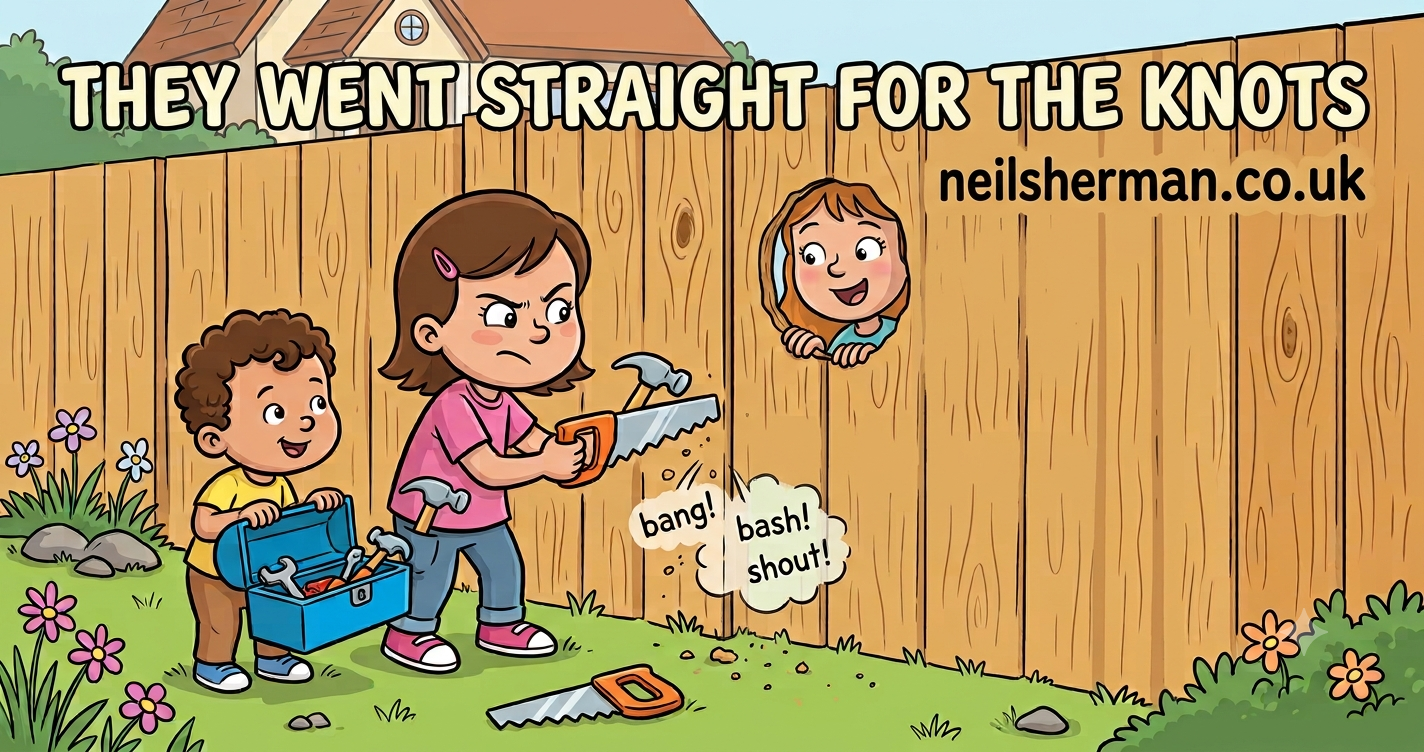 Two children with toy tools sawing at a new garden fence while the girl next door looks through a knot hole from the other side