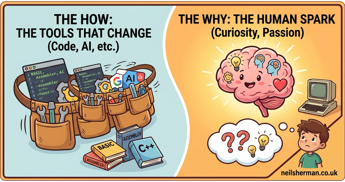 A split illustration. On the left, &lsquo;The how: the tools that change&rsquo; &mdash; tool belts stuffed with code editors, spanners and AI logos, beside manuals for BASIC, assembler and C++. On the right, &lsquo;The why: the human spark&rsquo; &mdash; a smiling brain lit with ideas, an old computer, and a boy thinking in question marks and lightbulbs.